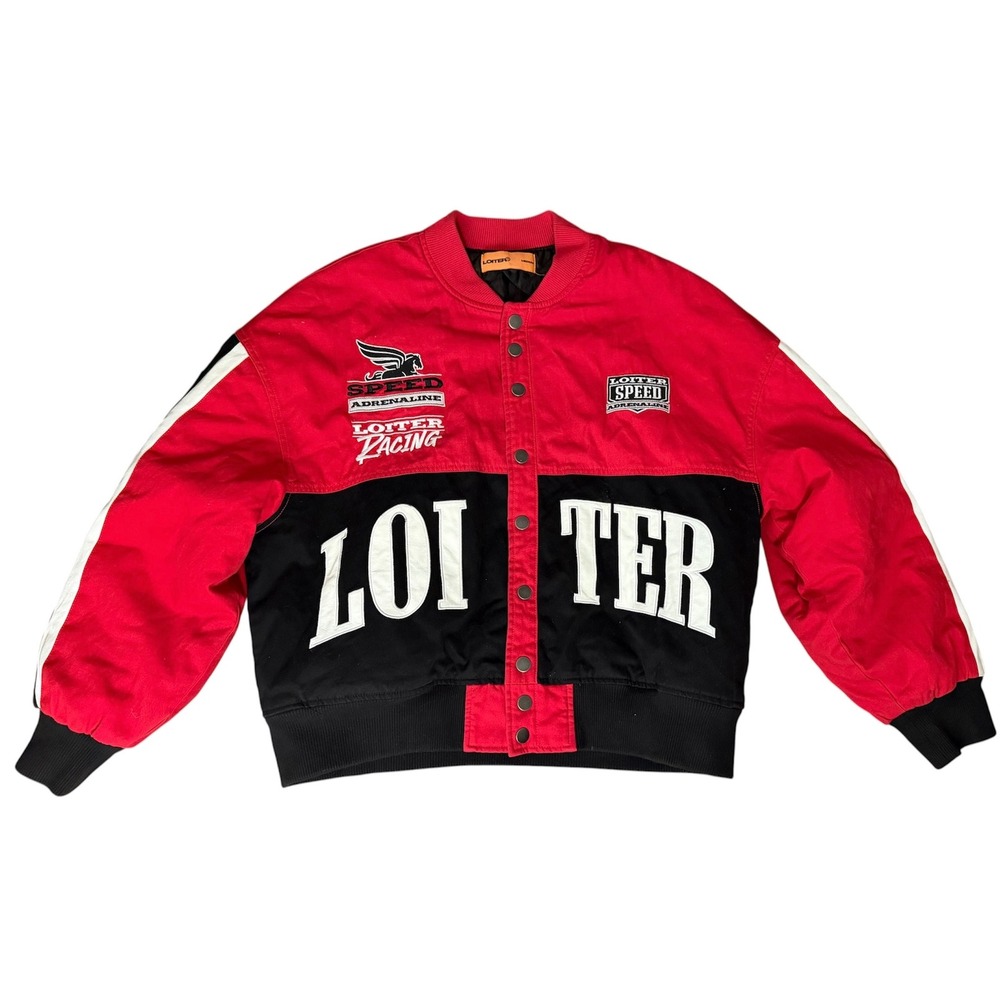 Loiter Racing Jacket Red Black Moto Streetwear Bomber Jacket Size M Y2K - Picture 2 of 13
